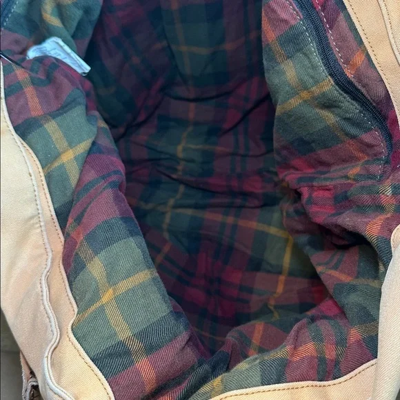 L.L. Bean Brown Green Flannel Lined Canvas Bag Boat & Tote Leather Handles - Picture 5 of 6